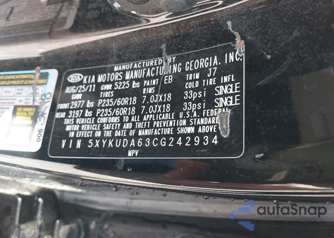 2012 Kia Sorento Ex from USA, damaged, VIN 5XYKUDA63CG242934